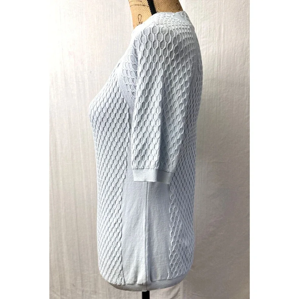 Per Se Women Light Blue Cotton Blend Textured Knit Short Sleeve Sweater Top Sz M